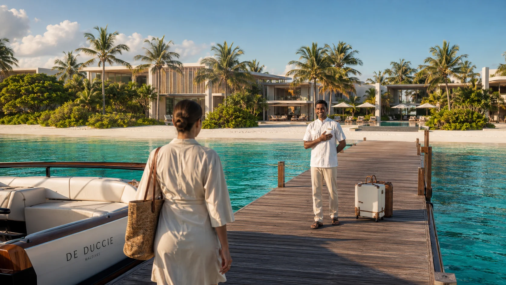 Guest arriving by water to resort dock