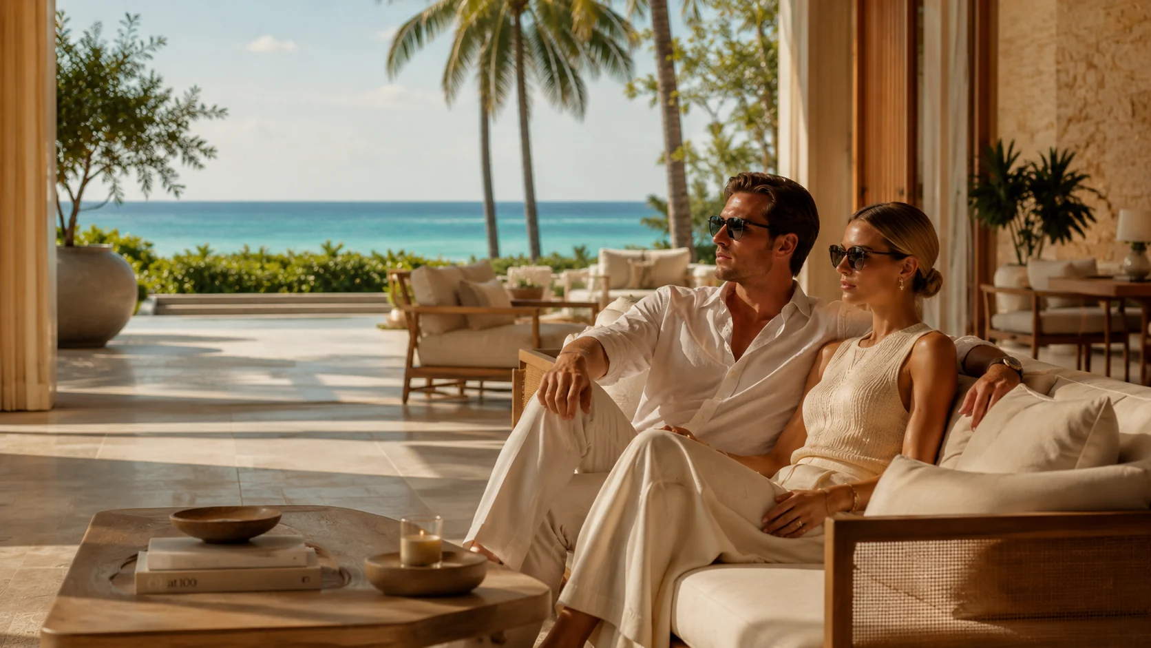 Elegant couple in a resort lounge