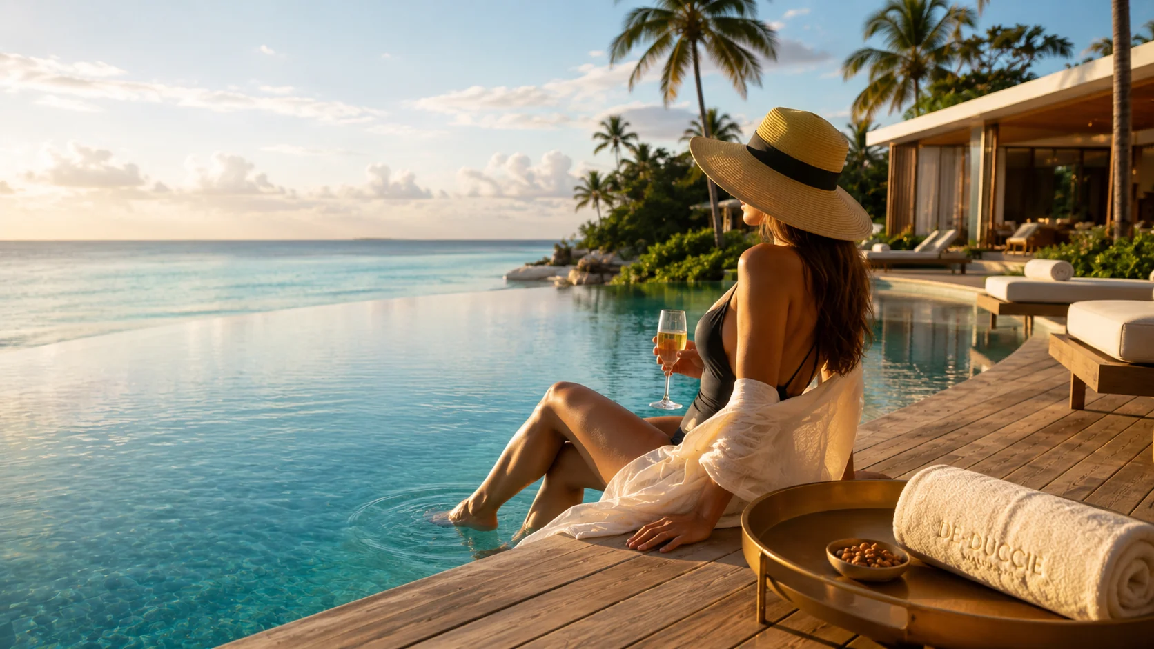Guest by the pool with lagoon view